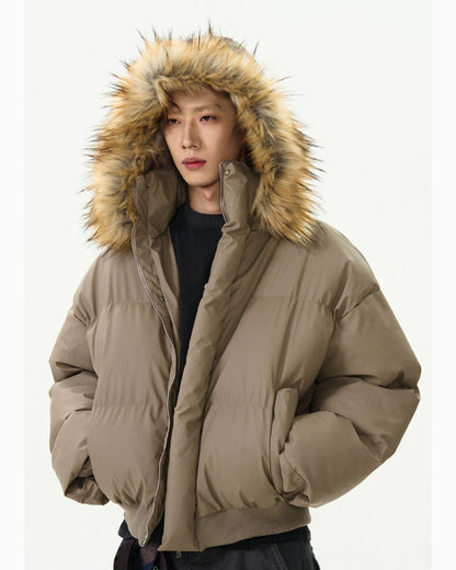 Soft PU Veneer Puffer Jacket Detachable Hood