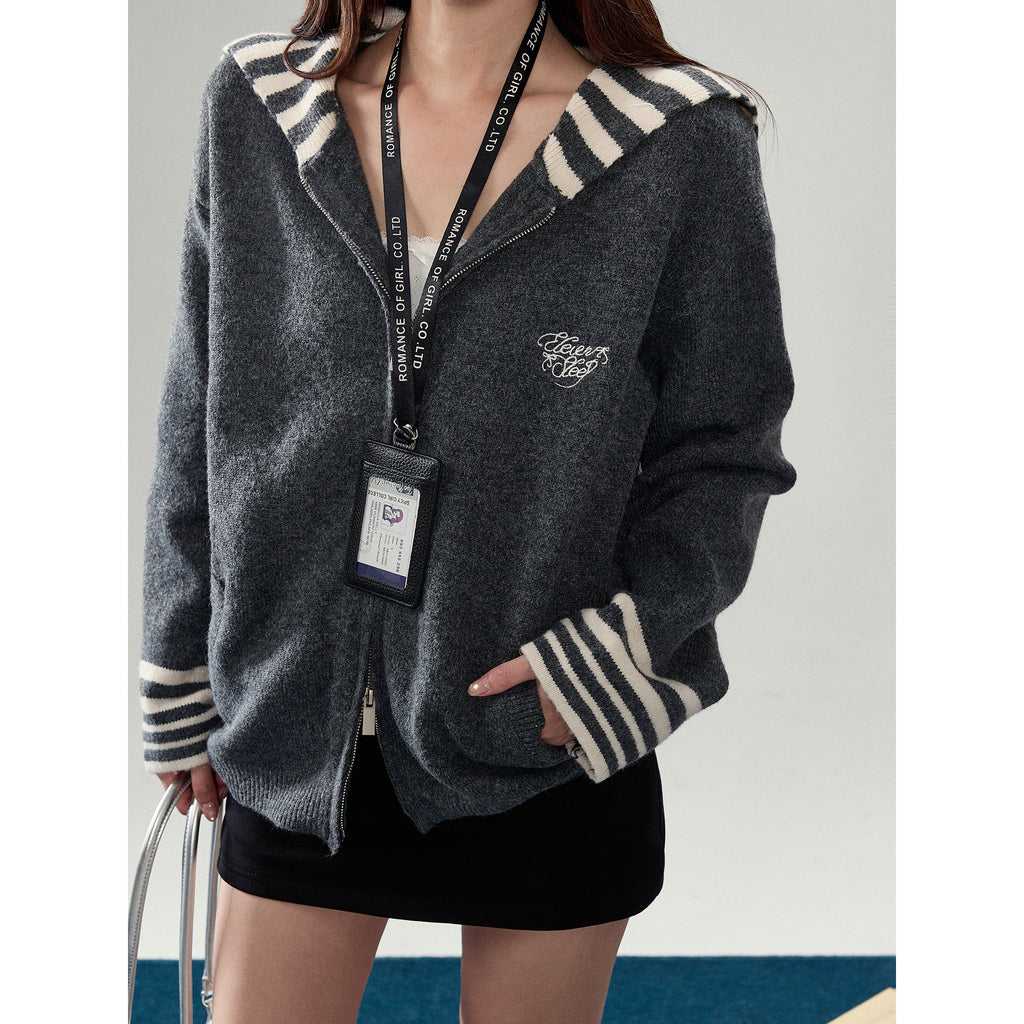 Strip Collar Knitted Sweater Cardigan