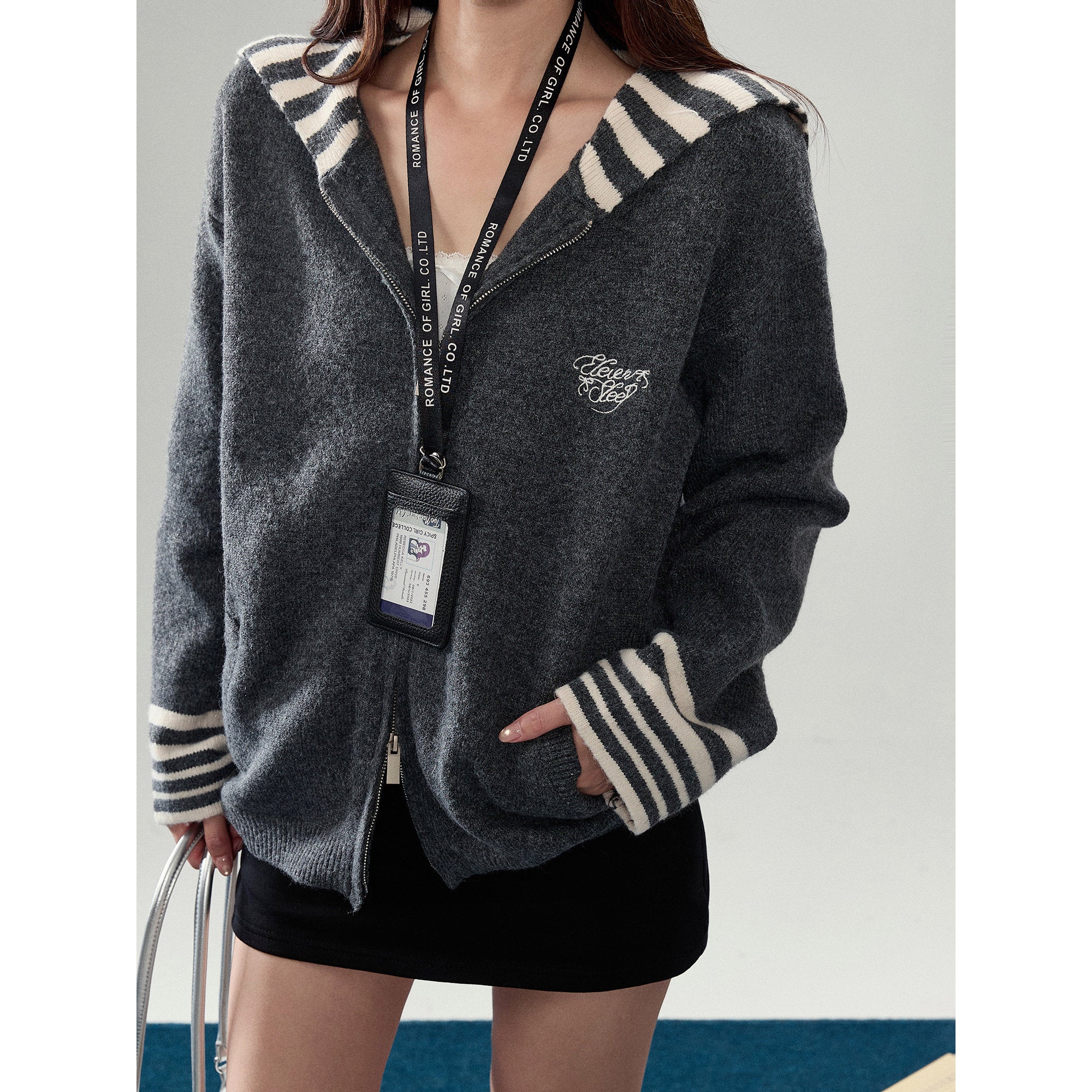 Strip Collar Knitted Sweater Cardigan