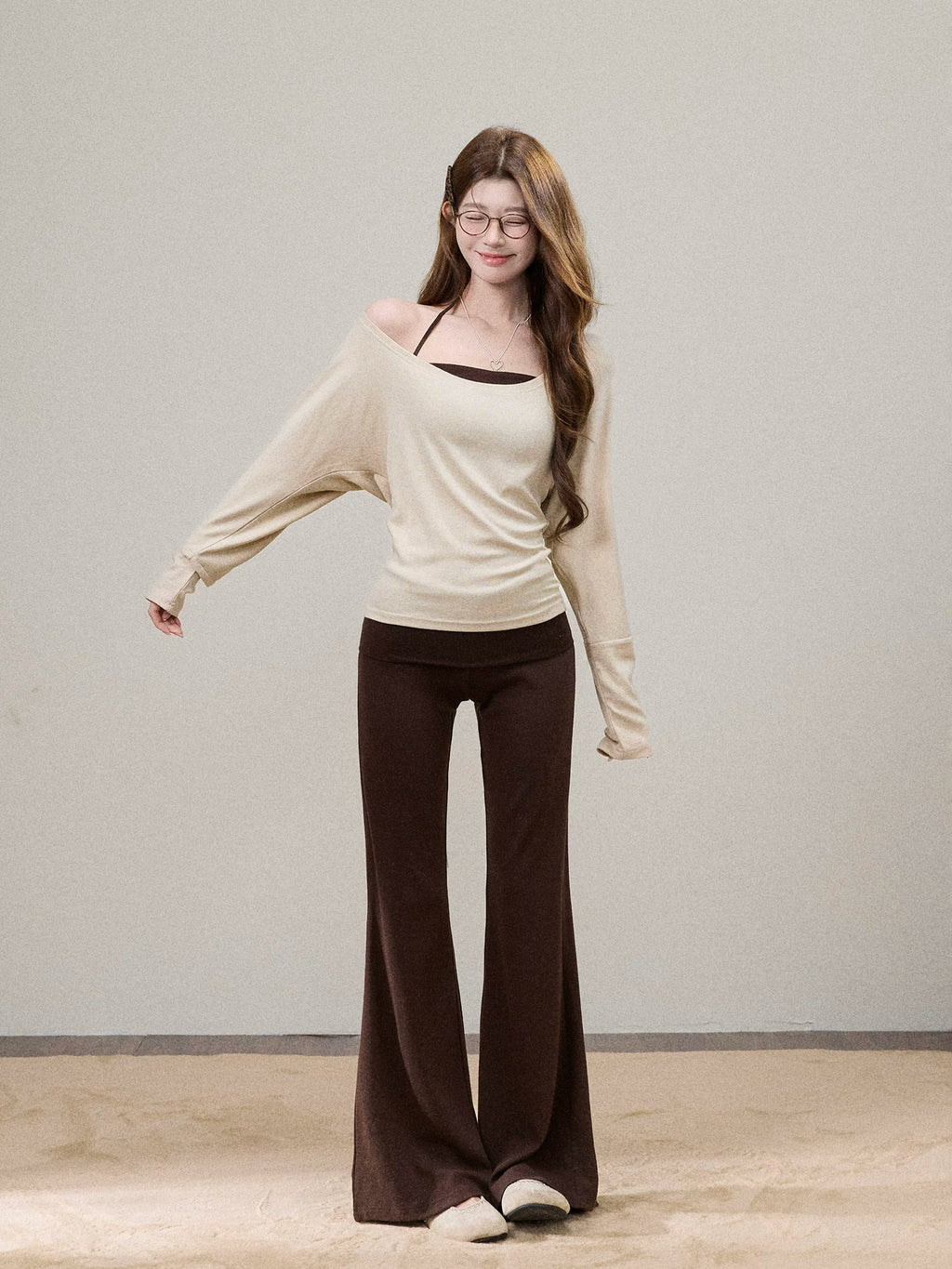 Fold-Over Waist Micro-Flare Knit Pants