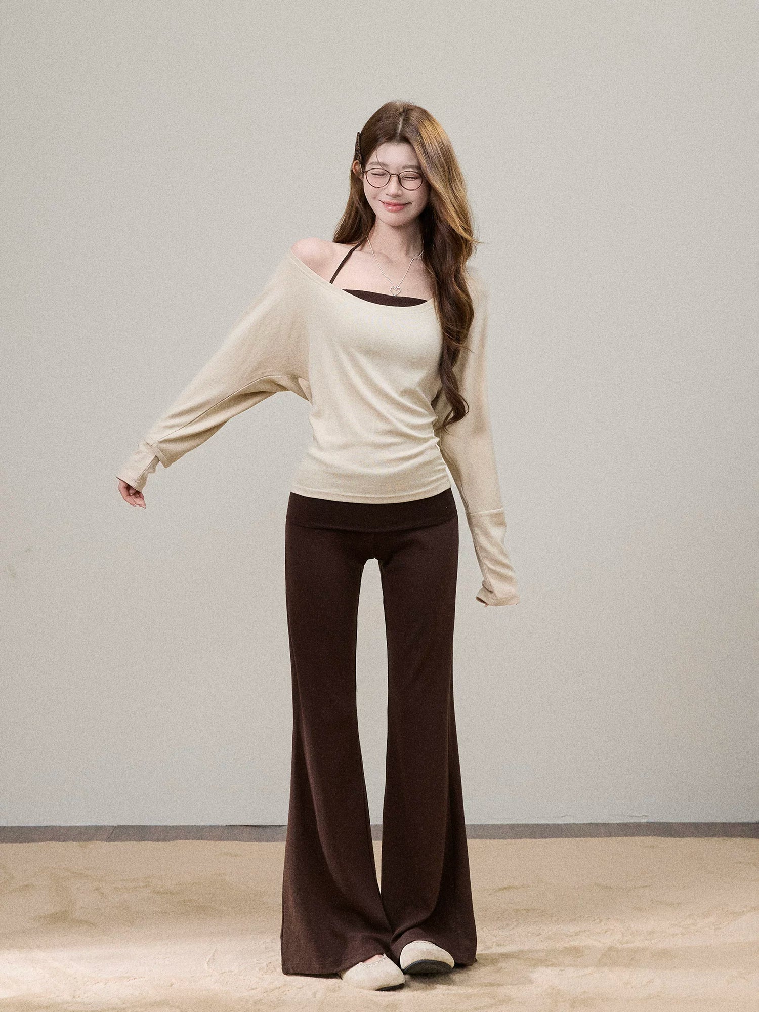 Fold-Over Waist Micro-Flare Knit Pants