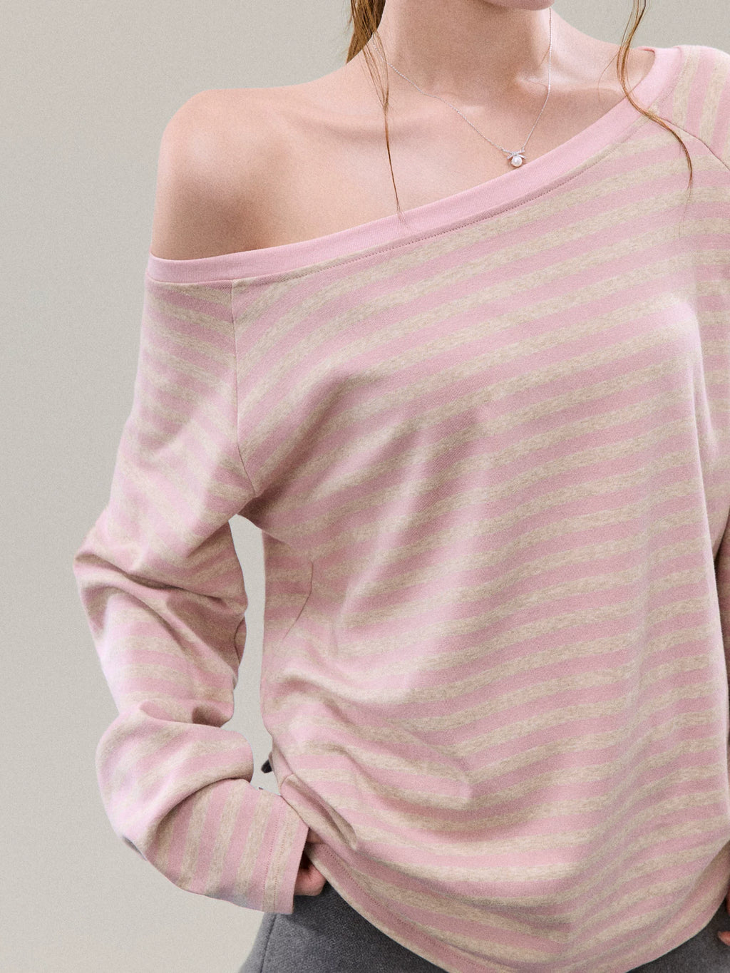 Off-Shoulder Pink Striped Knit Top