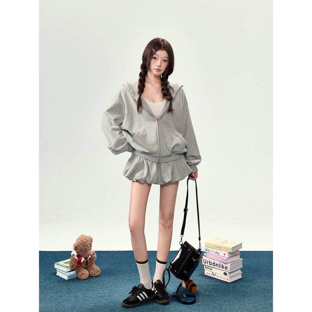Grey Hooded Sweatshirt Jacket + Flower Skirt Set