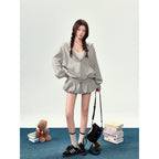 Grey Hooded Sweatshirt Jacket + Flower Skirt Set