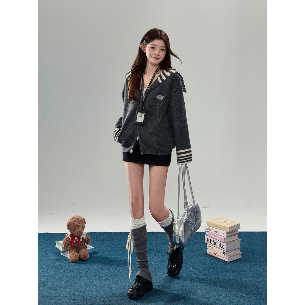 Strip Collar Knitted Sweater Cardigan