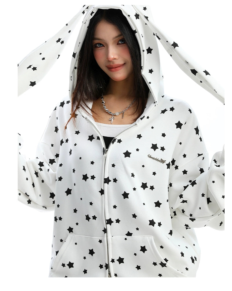 Full Print Star Rabbit Ears Hooded Sweatshirt Set
