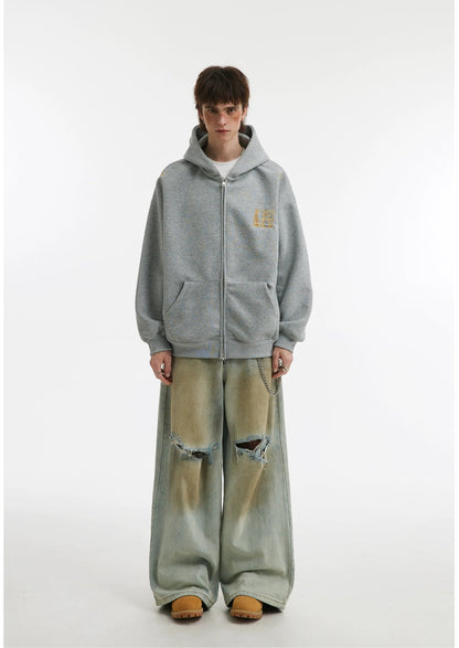 Embroidery Double Zipper Hoodie Jacket