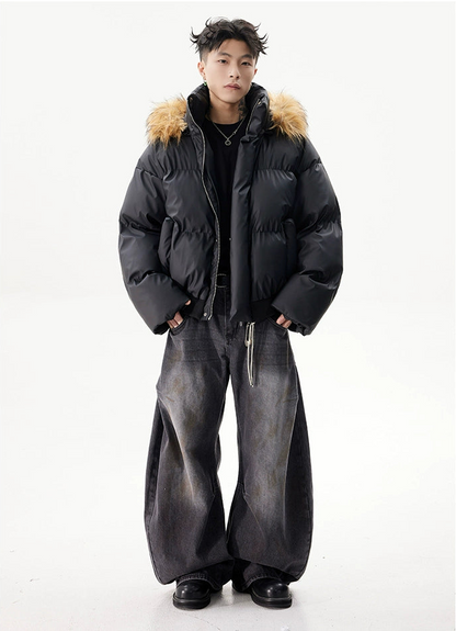 Soft PU Veneer Puffer Jacket Detachable Hood