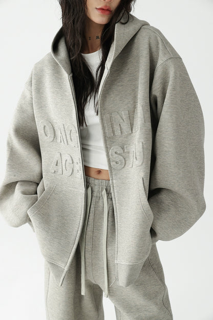 Embossed Set Hooded Zip Cardigan Sweatshirt Jacket + Athleisure Trousers