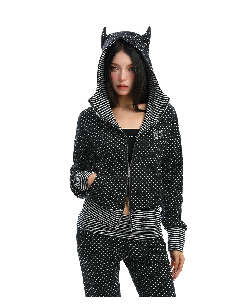 Korean Polka Dot Little Devil Hooded Jacket Set