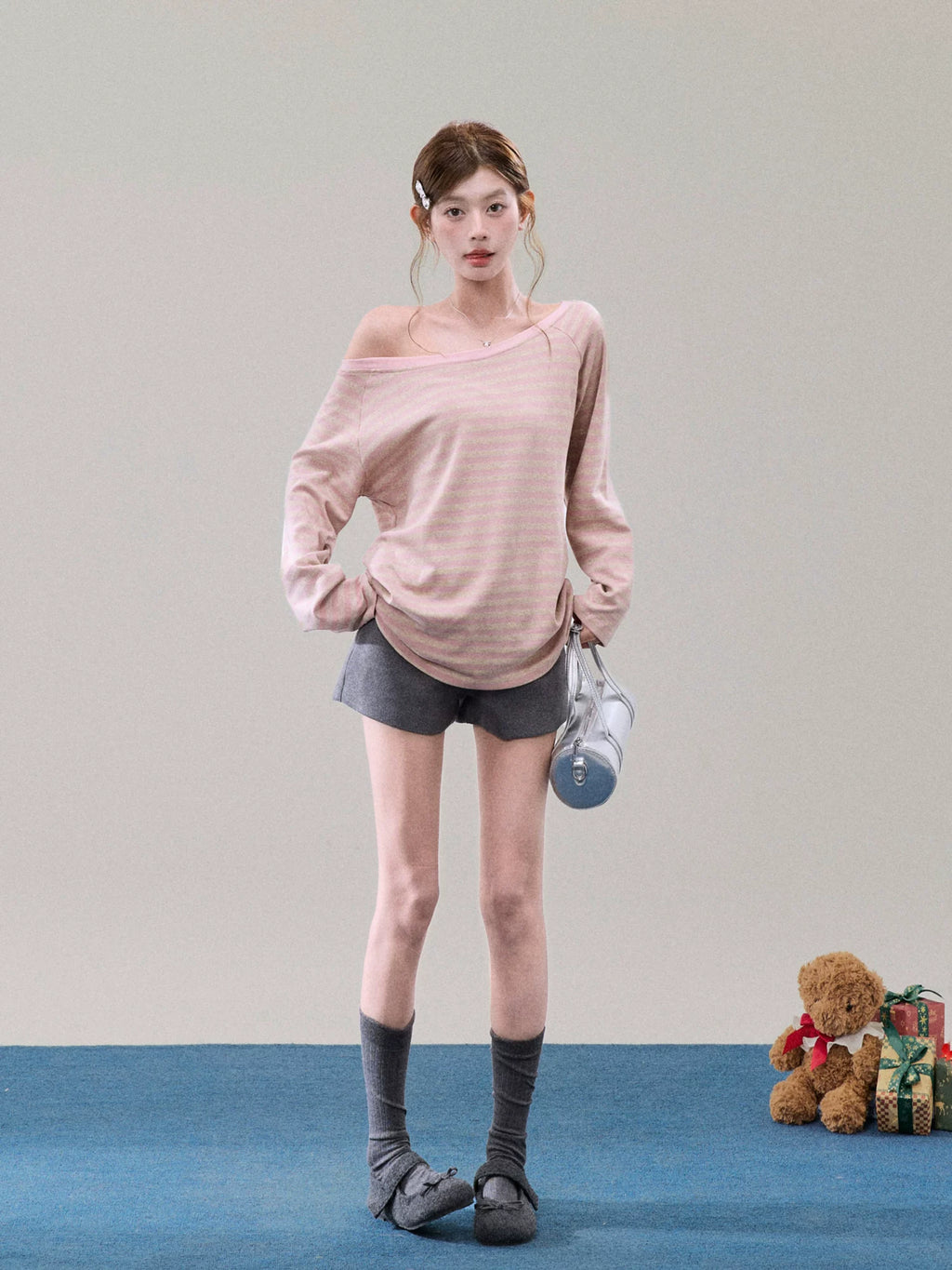 Off-Shoulder Pink Striped Knit Top
