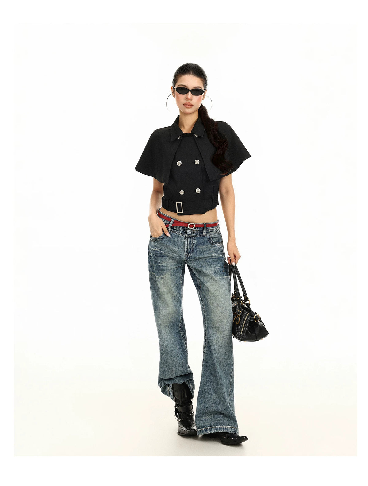 Black cropped trench jacket with cape removed, sleeveless
