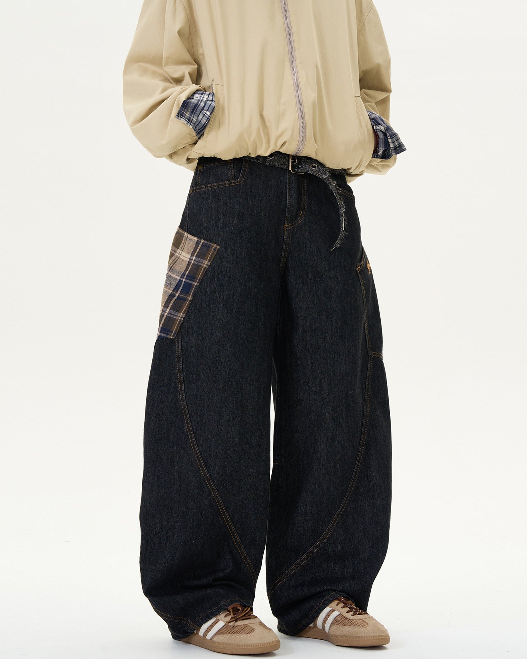 Stitched Plaid Loose Casual Jeans