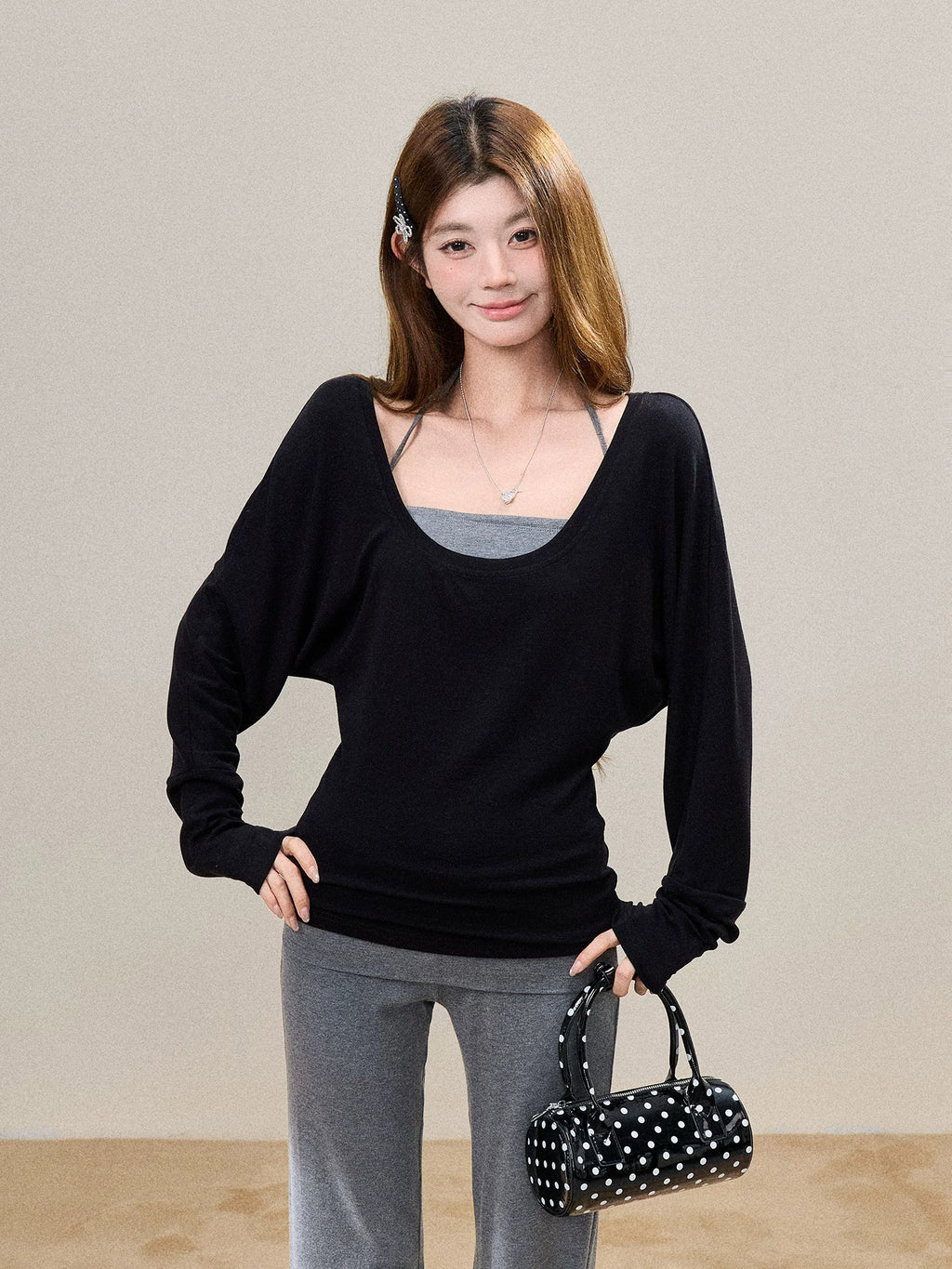 Off-Shoulder Cami-Layered Knit Top Set