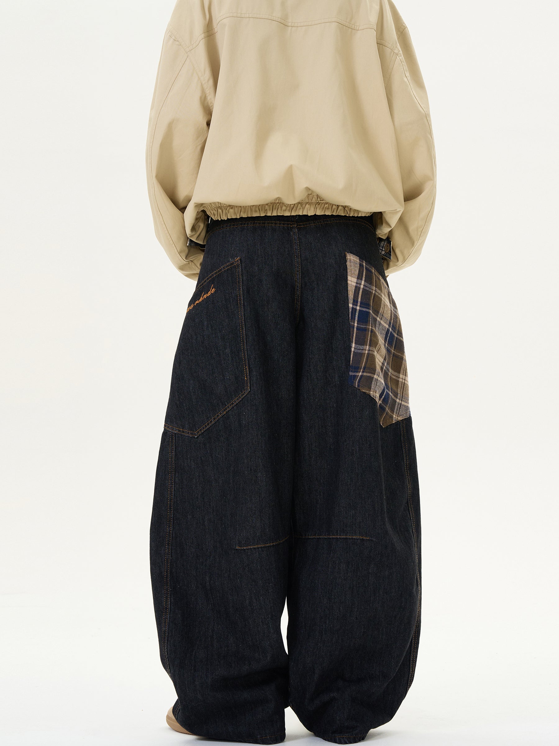 Stitched Plaid Loose Casual Jeans