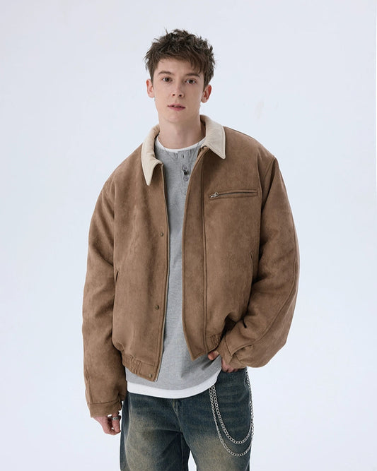 Short Solid Lapel Suede Jacket