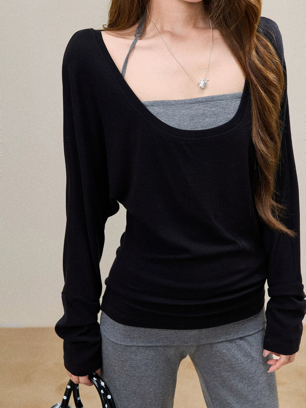 Off-Shoulder Cami-Layered Knit Top Set