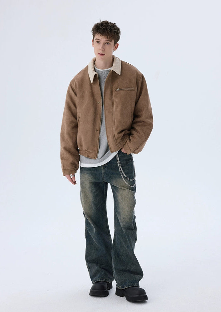 Short Solid Lapel Suede Jacket