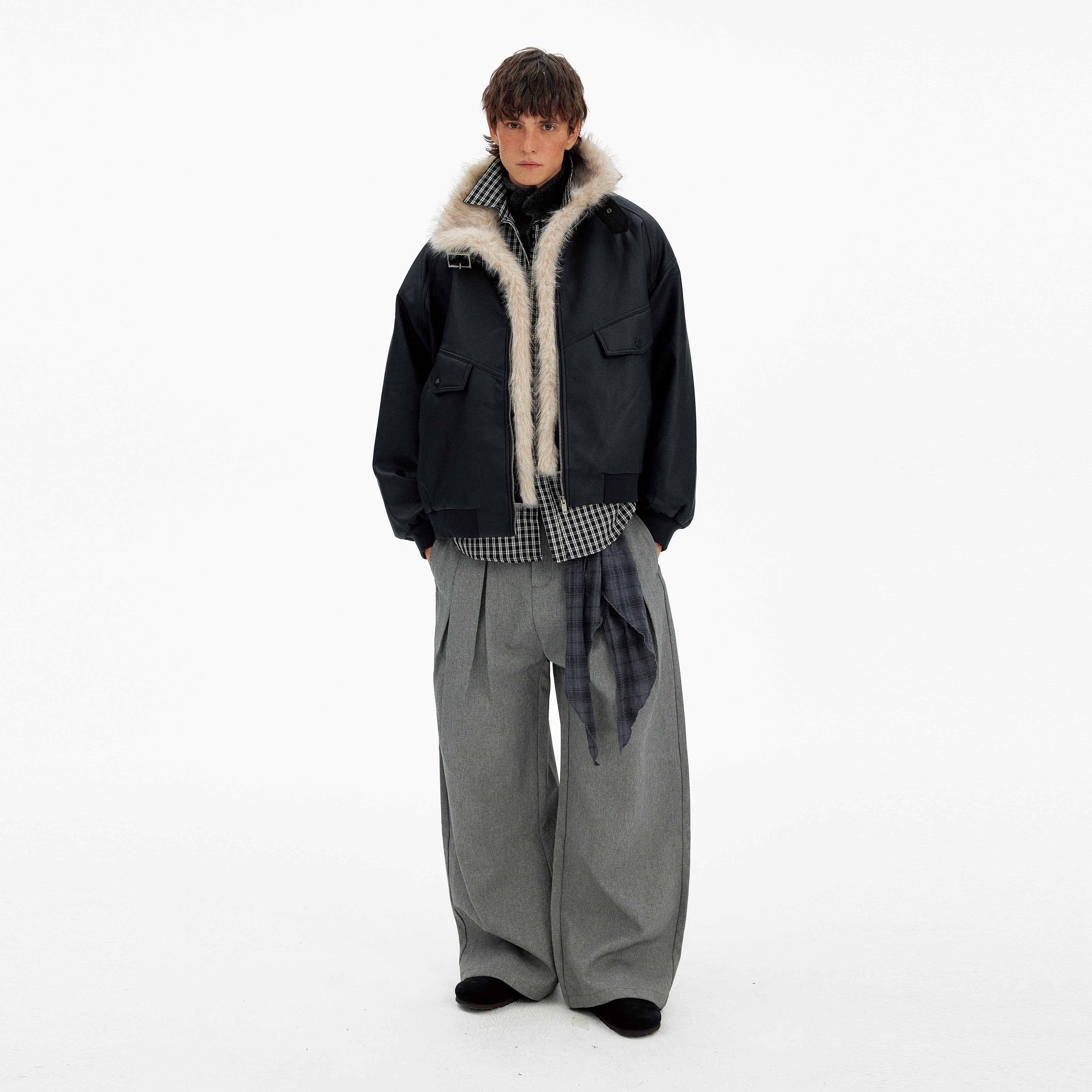 Fur Collar Patchwork PU Leather Jacket