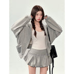 Grey Hooded Sweatshirt Jacket + Flower Skirt Set