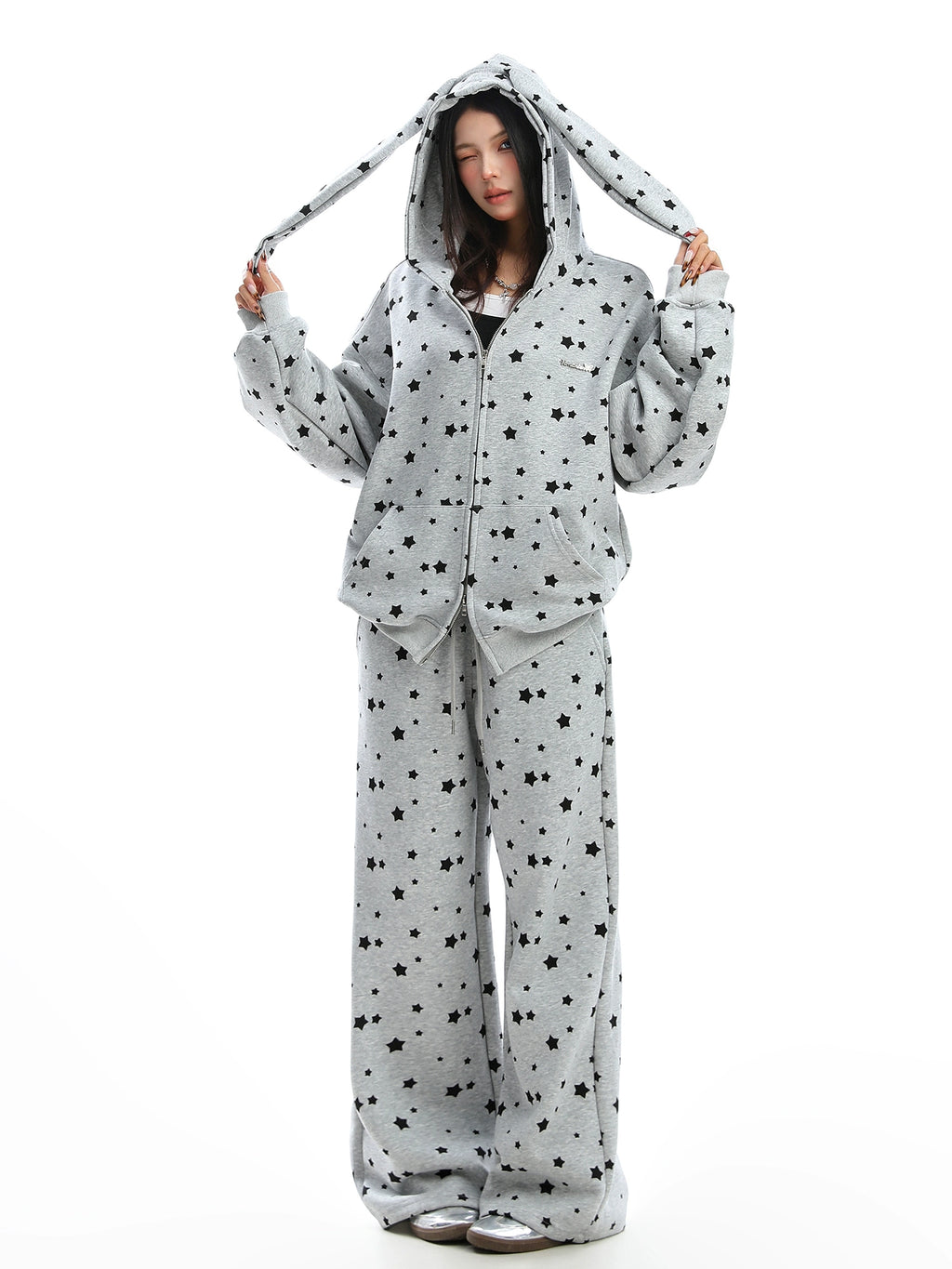Full Print Star Rabbit Ears Hooded Sweatshirt Set