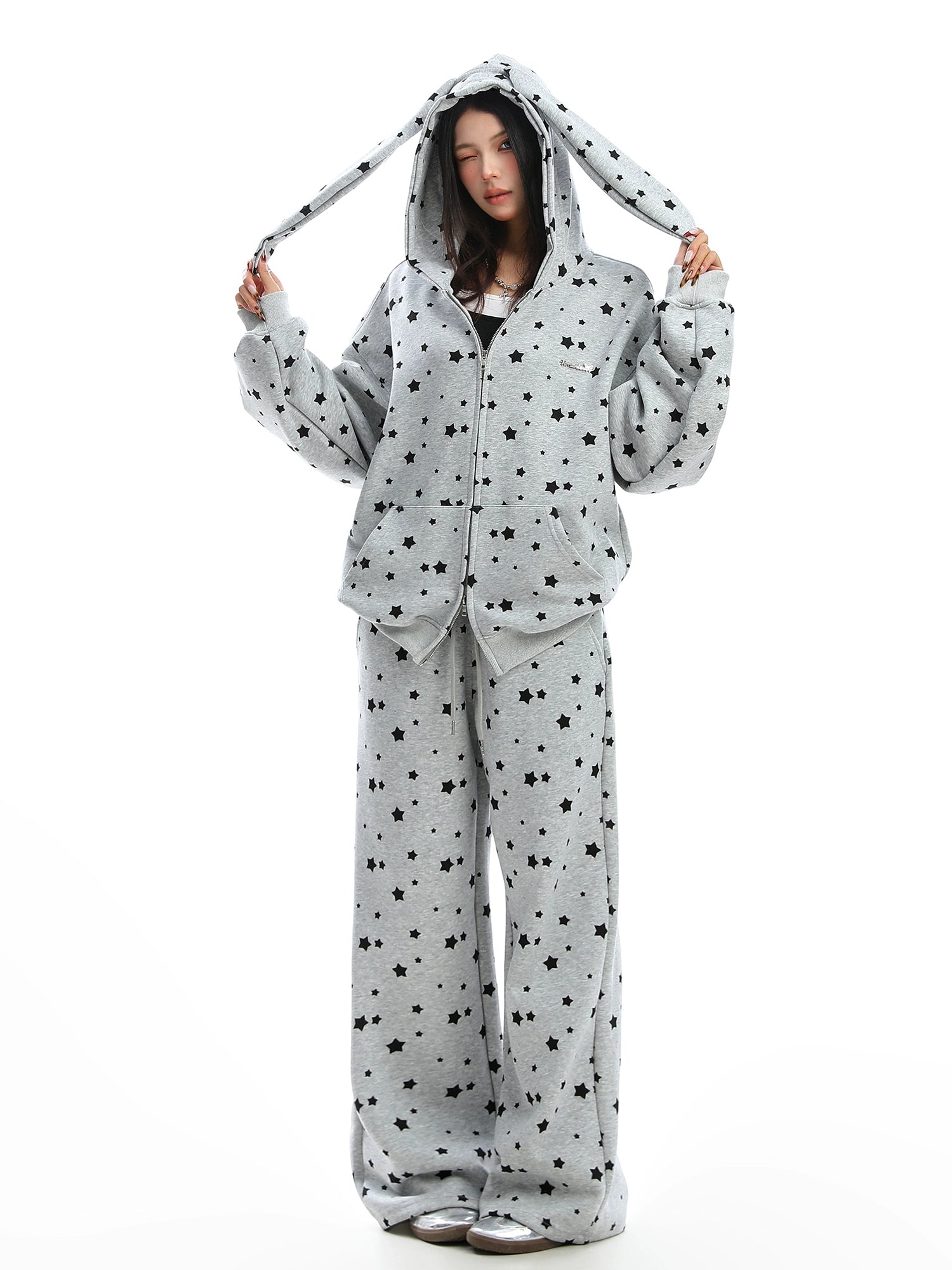 Full Print Star Rabbit Ears Hooded Sweatshirt Set