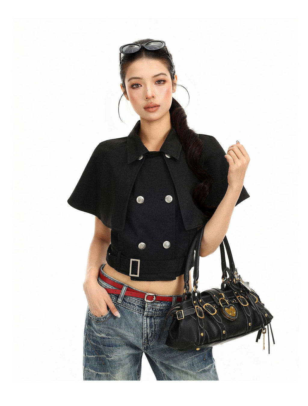 Black detachable cape cropped trench jacket, front view