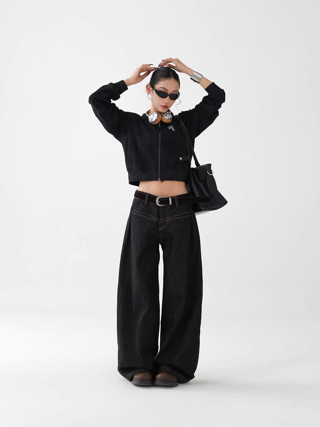 Black Basic Retro Wide-Leg Jeans