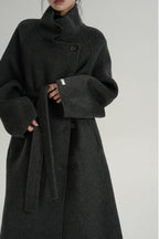 Premium Temperament Stand Collar Grey Long Coat