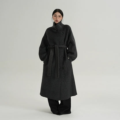 Premium Temperament Stand Collar Grey Long Coat