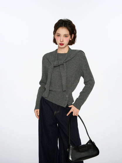 Grey Shoulder Pullover Long-sleeved Sweater
