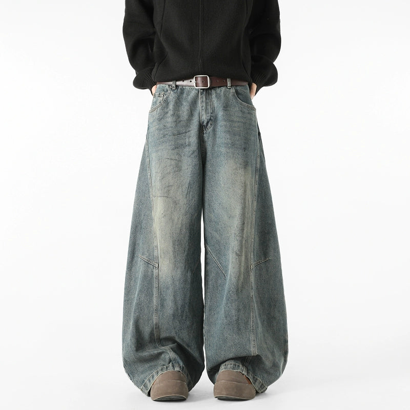 Deconstructed Broken Wide-Leg Washed Jeans
