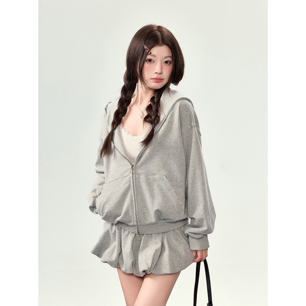 Grey Hooded Sweatshirt Jacket + Flower Skirt Set