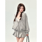 Grey Hooded Sweatshirt Jacket + Flower Skirt Set
