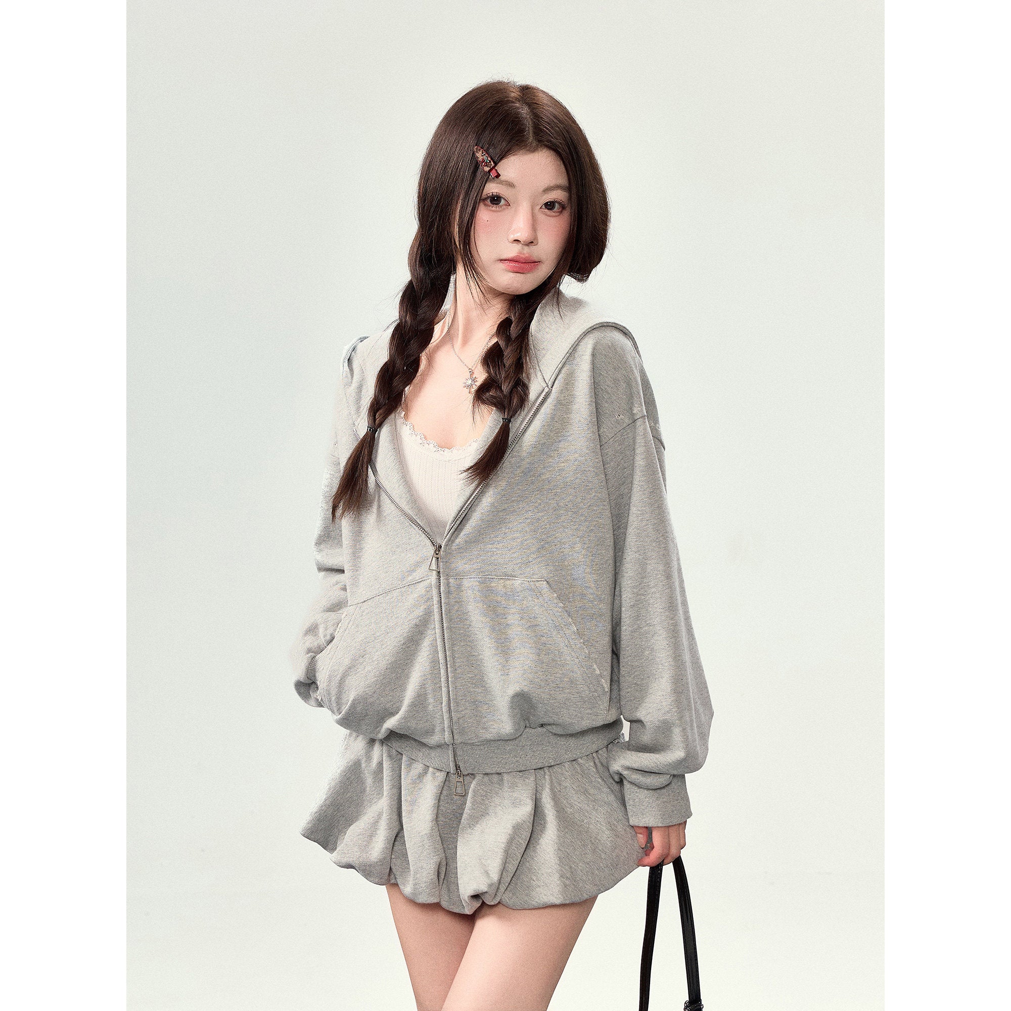 Grey Hooded Sweatshirt Jacket + Flower Skirt Set