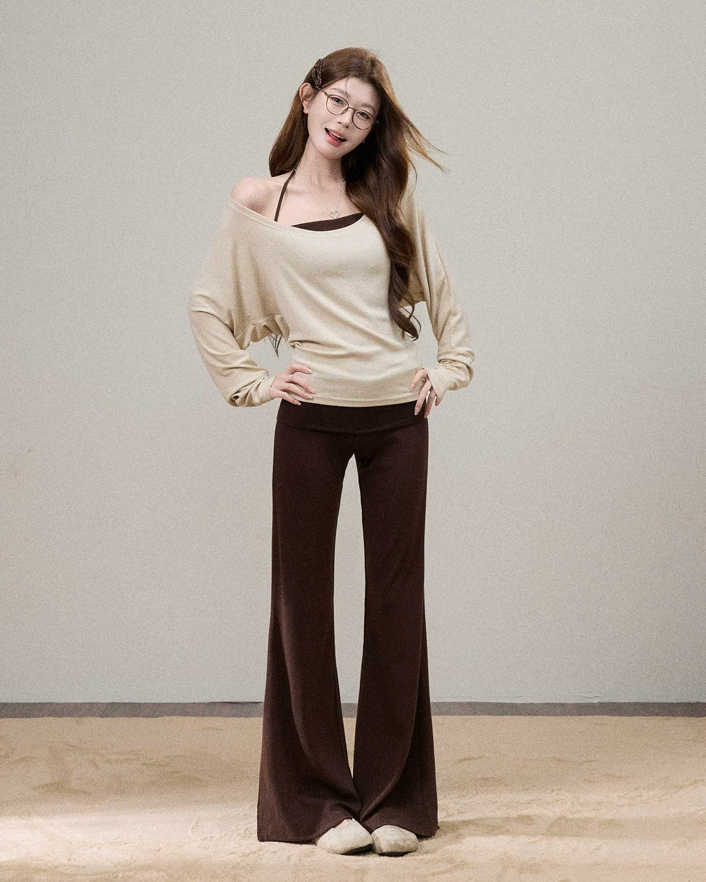 Fold-Over Waist Micro-Flare Knit Pants