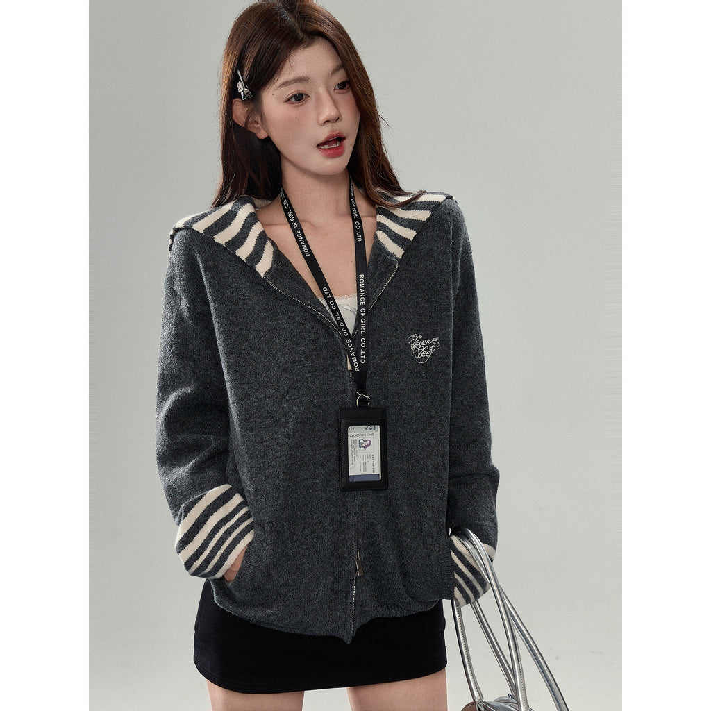 Strip Collar Knitted Sweater Cardigan