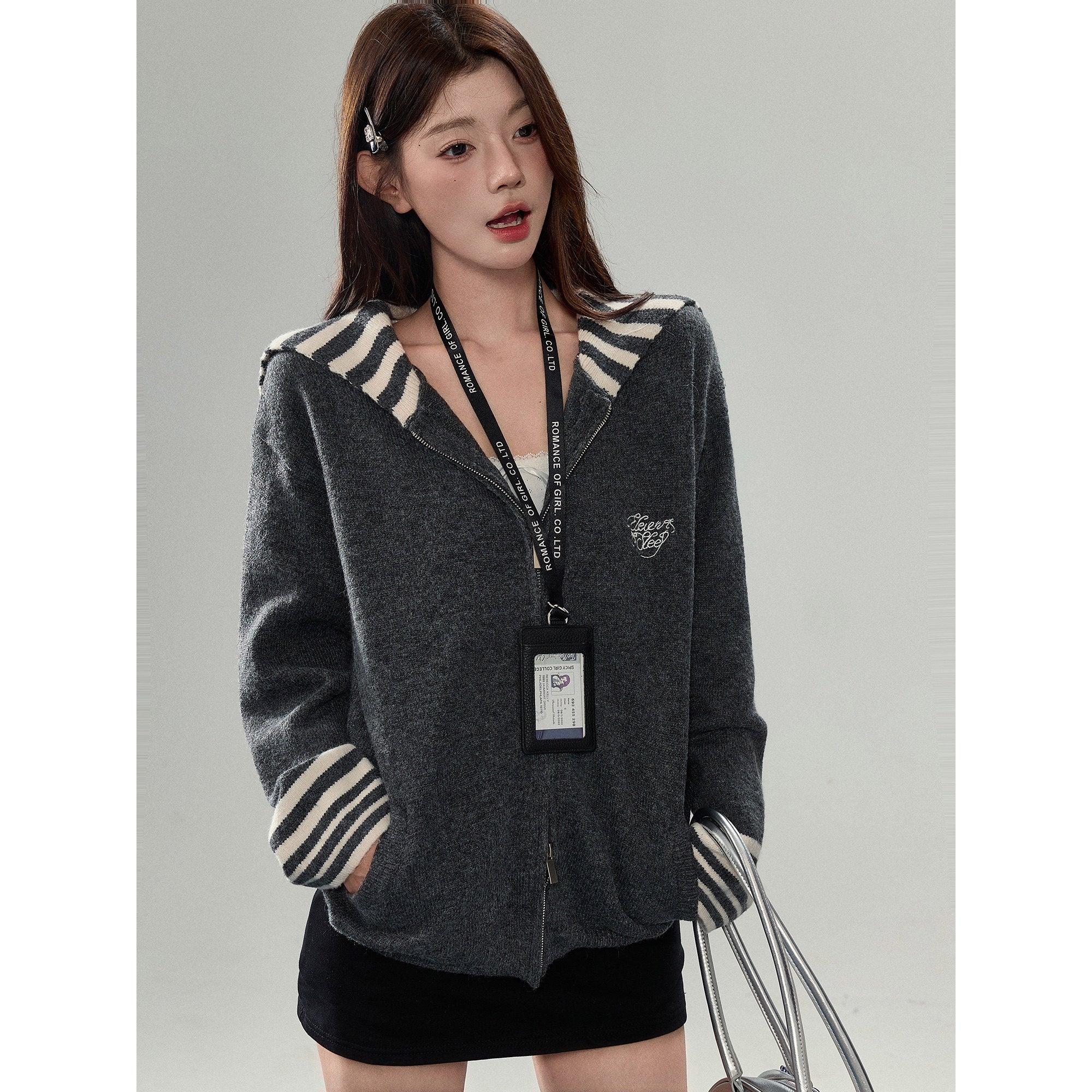 Strip Collar Knitted Sweater Cardigan