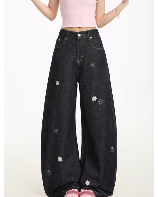 Cat's Paw Embroidered Loose Jeans