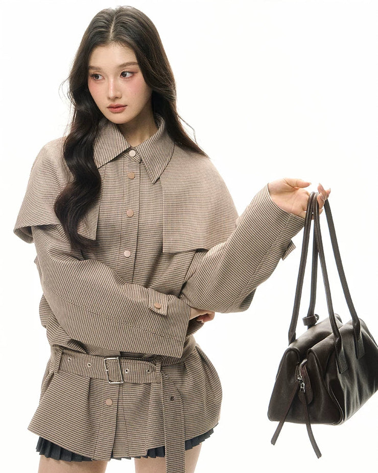 Houndstooth Detachable Cape Trench Jacket