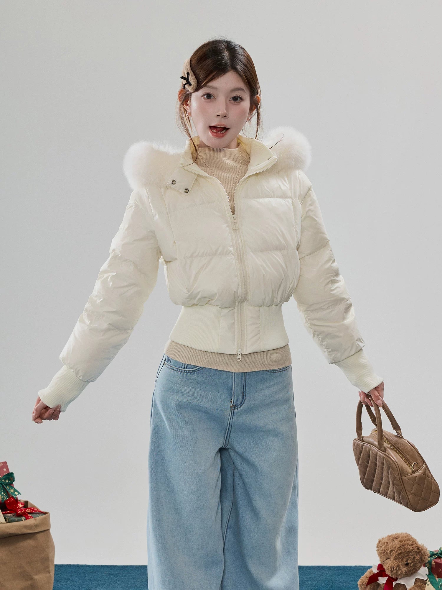 Fur-Trim Hooded Quilted Puffer Jacket
