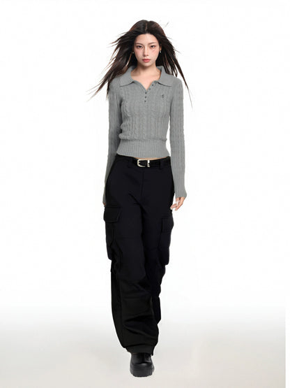 Polo Collar Slim Twist Knit Sweater