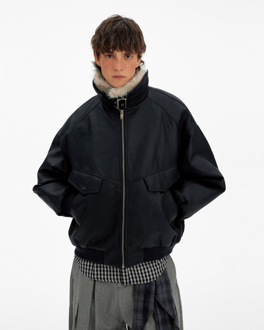 Fur Collar Patchwork PU Leather Jacket