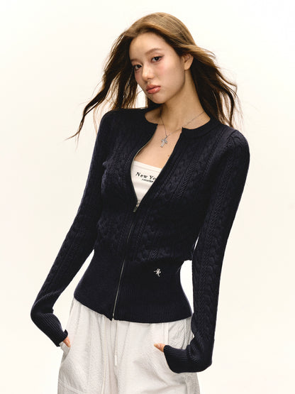 Round Neck Cable Cardigan Sweater