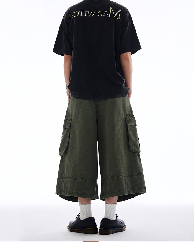 Distressed Cargo Shorts Multi-Pocket Cropped Pants