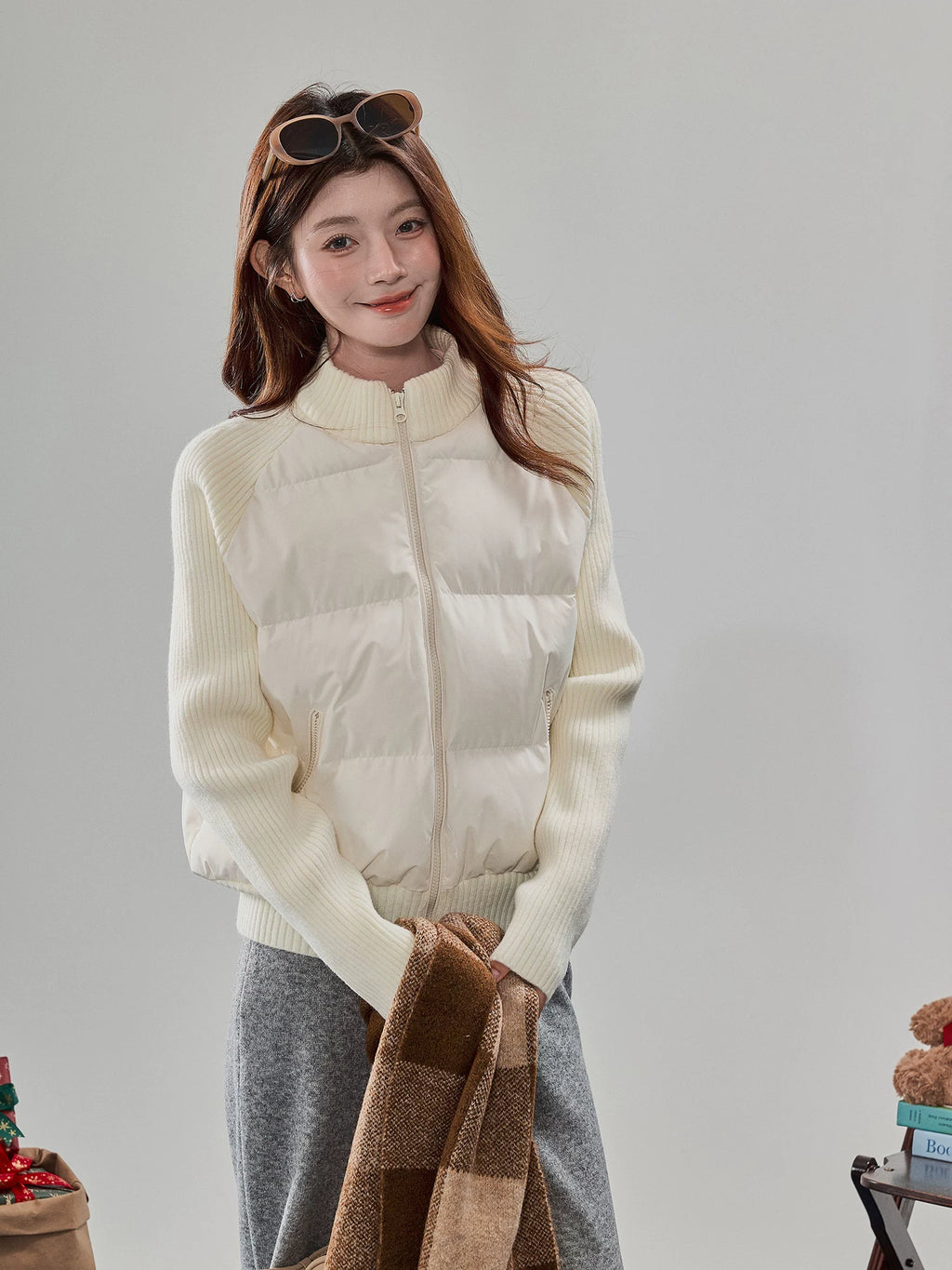 Ribbed Knit-Sleeve Quilted Puffer Jacket