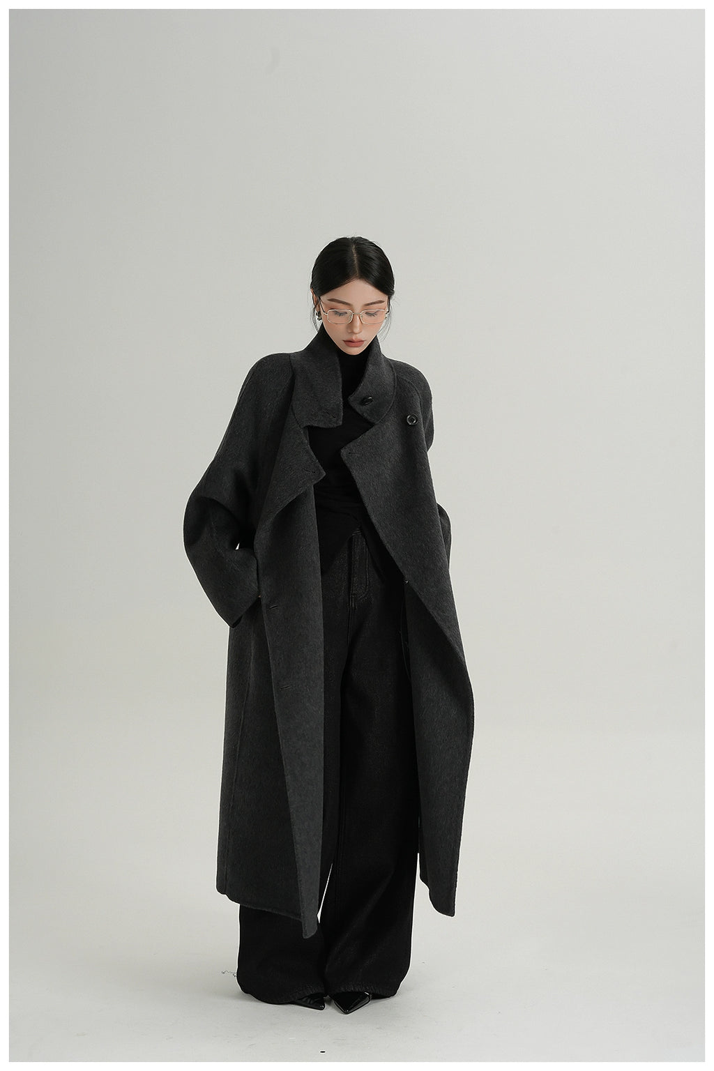 Premium Temperament Stand Collar Grey Long Coat