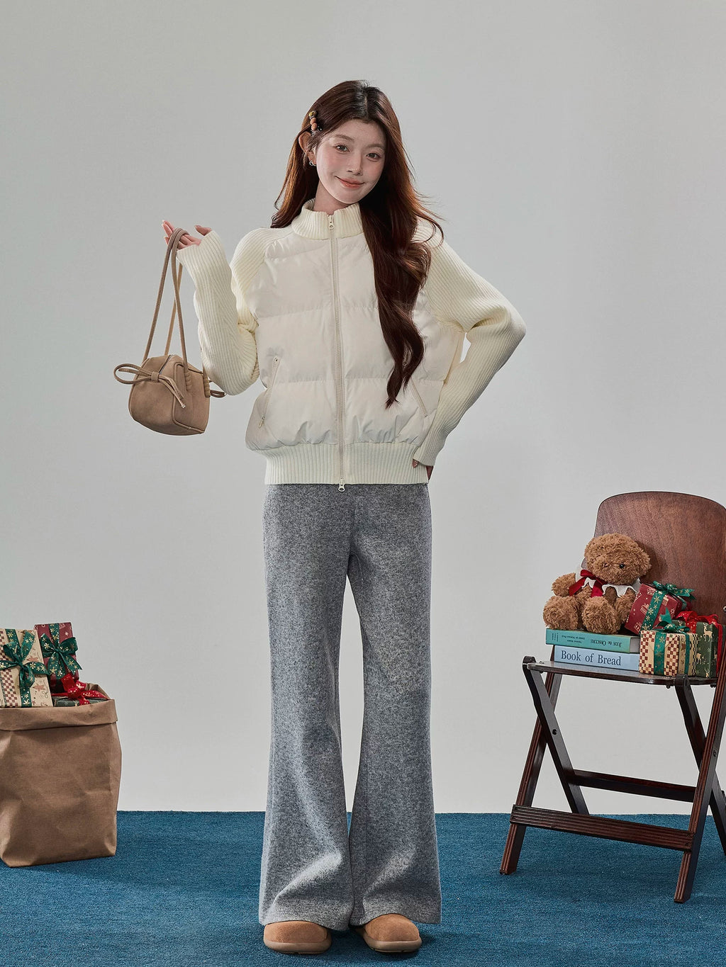 Ribbed Knit-Sleeve Quilted Puffer Jacket