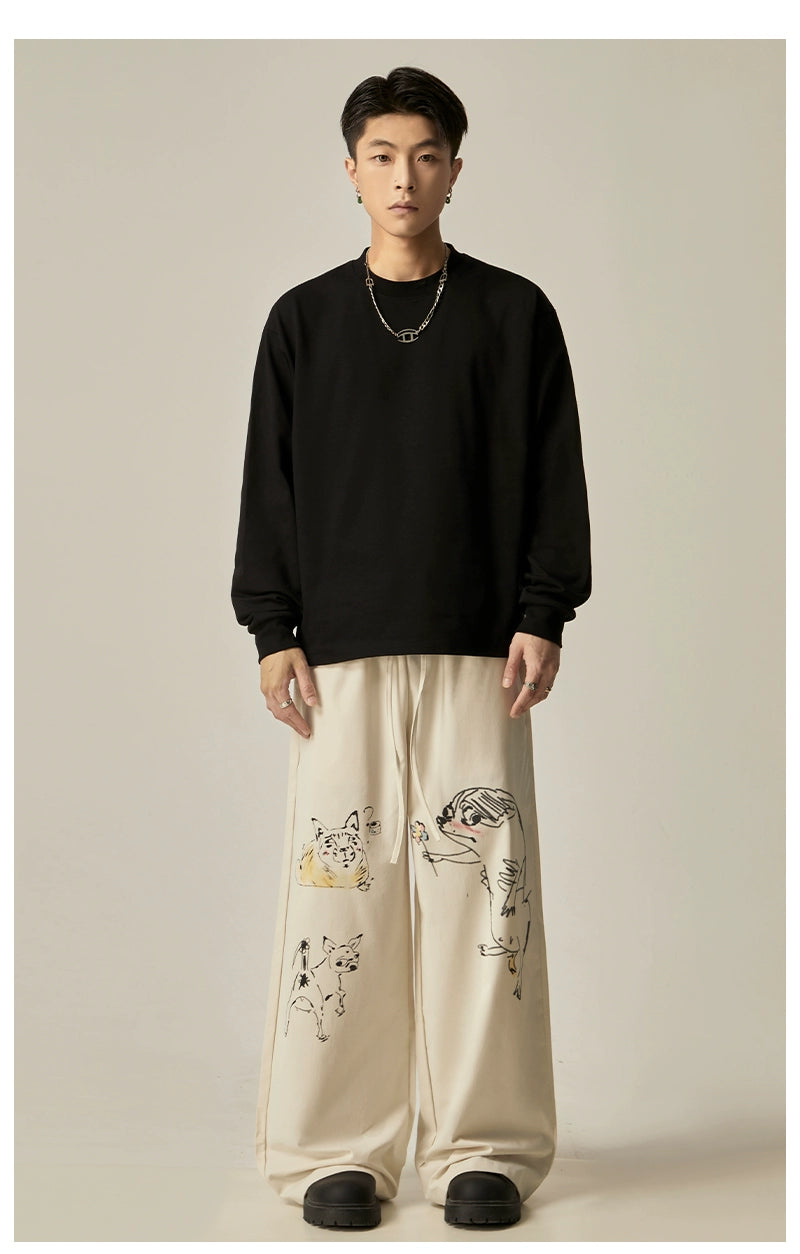 Retro Cat & Dog Sketch Wide-Leg Loose Pants