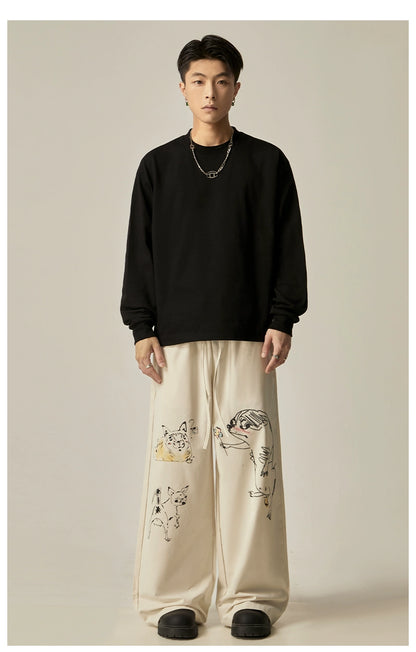 Retro Cat & Dog Sketch Wide-Leg Loose Pants